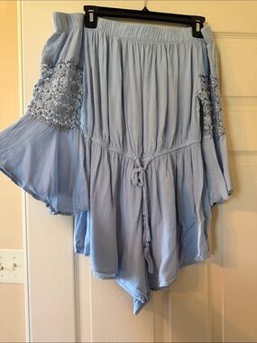 Blush Light Blue Pleated Romper with Elastic Waistband